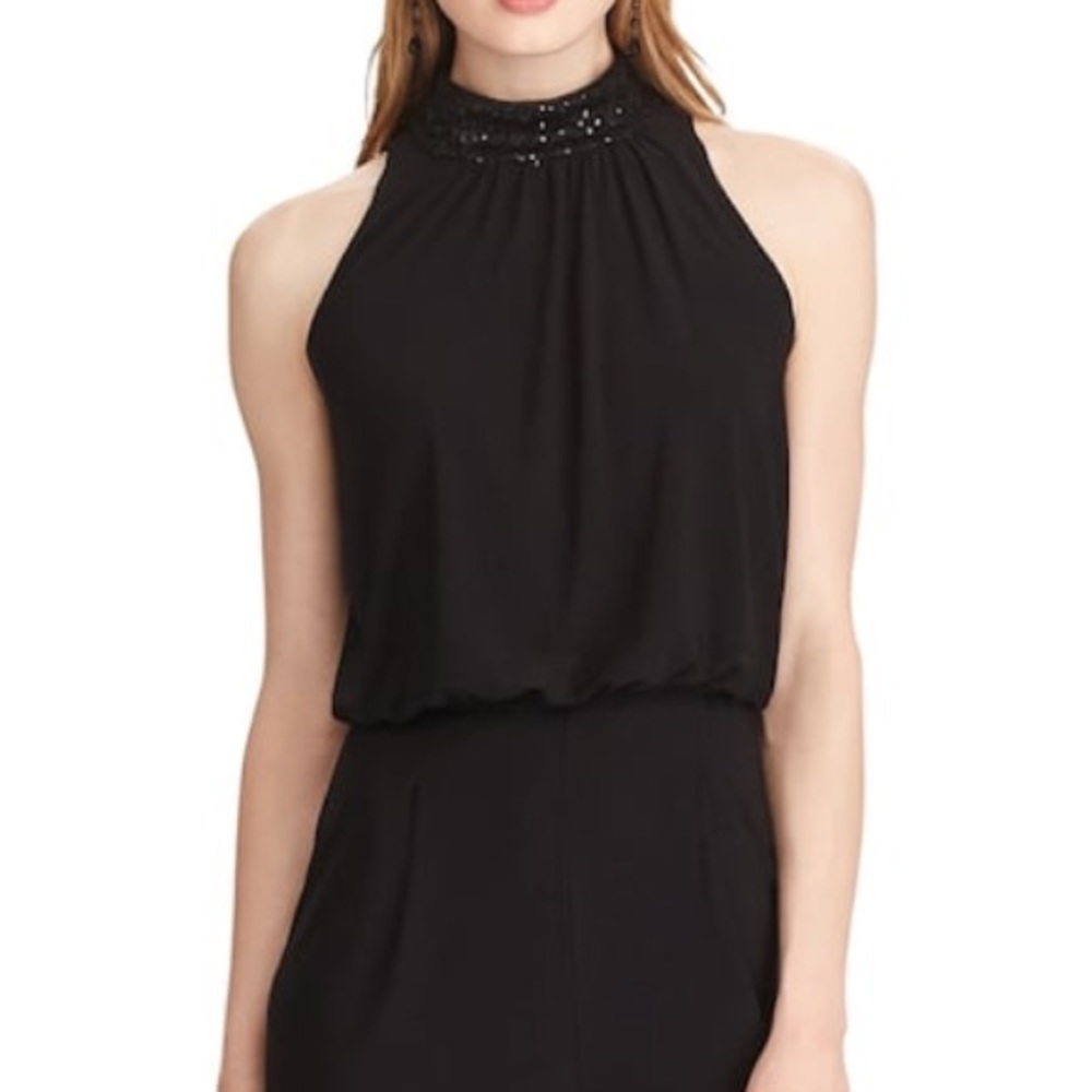 NWT Women Chaps Sequin-trim Black Jersey Jumpsuit